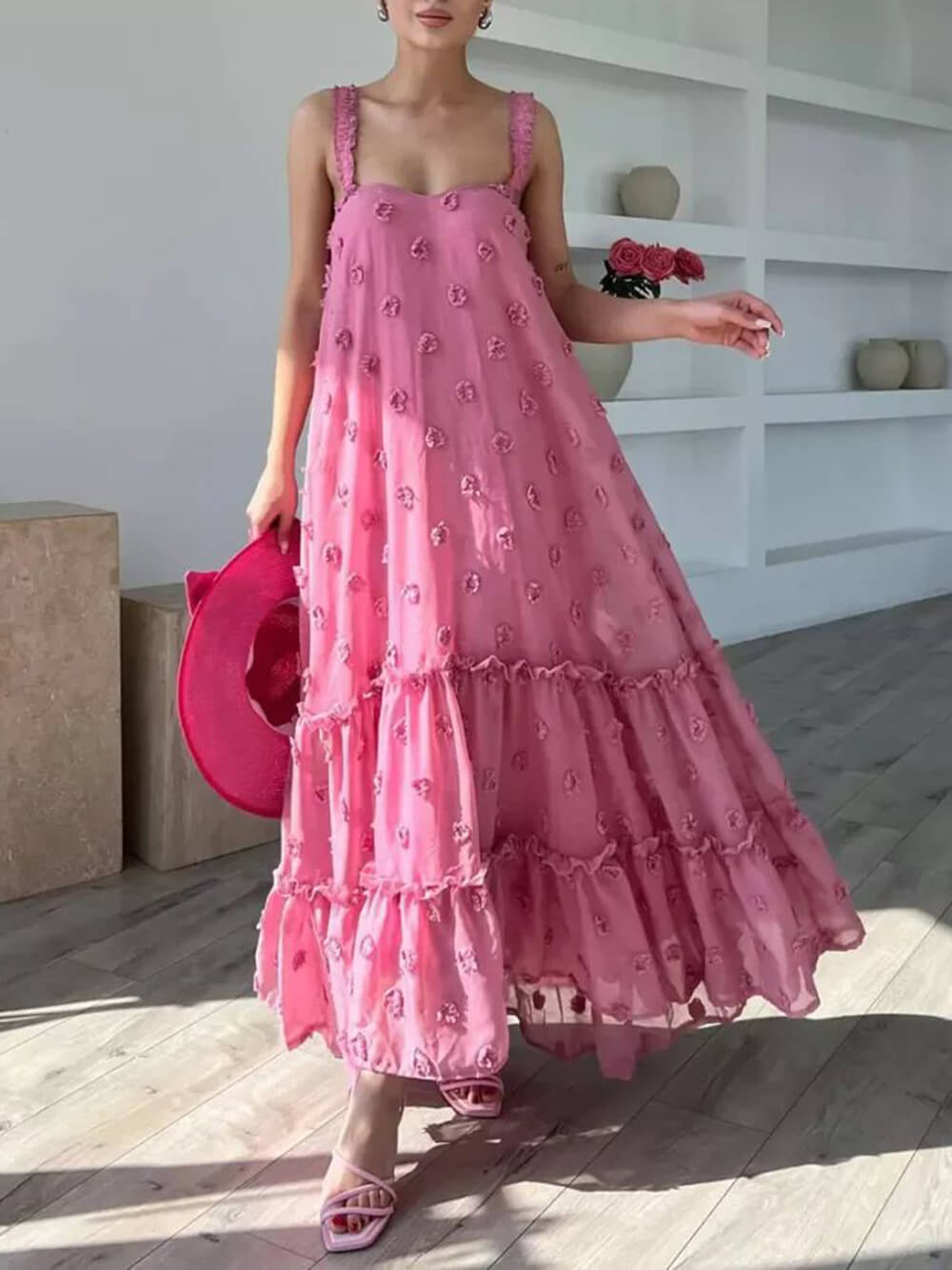 Flower Decor Pretty A-Line Layered Loose Maxi Dress